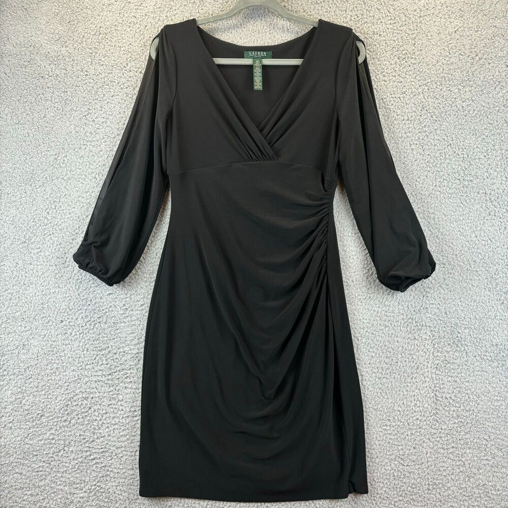 Ralph Lauren Dress 10P Faux Wrap LBD Cocktail Sexy Ruched Empire Stretchy LRL